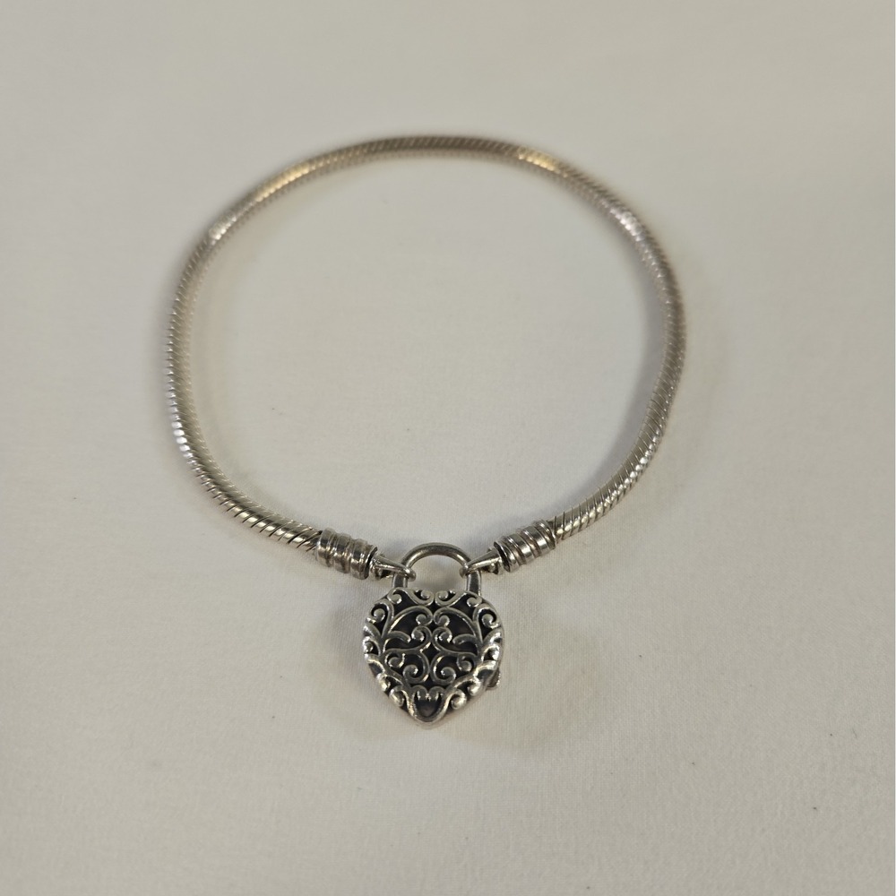 Pandora Regal Heart Padlock Smooth Sterling Silver Snake Bracelet